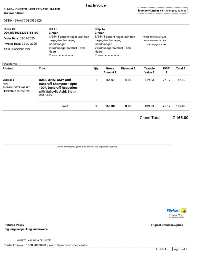 Invoice for Bare Anatomy Shampoo Purchase | PDF | Government Finances ...
