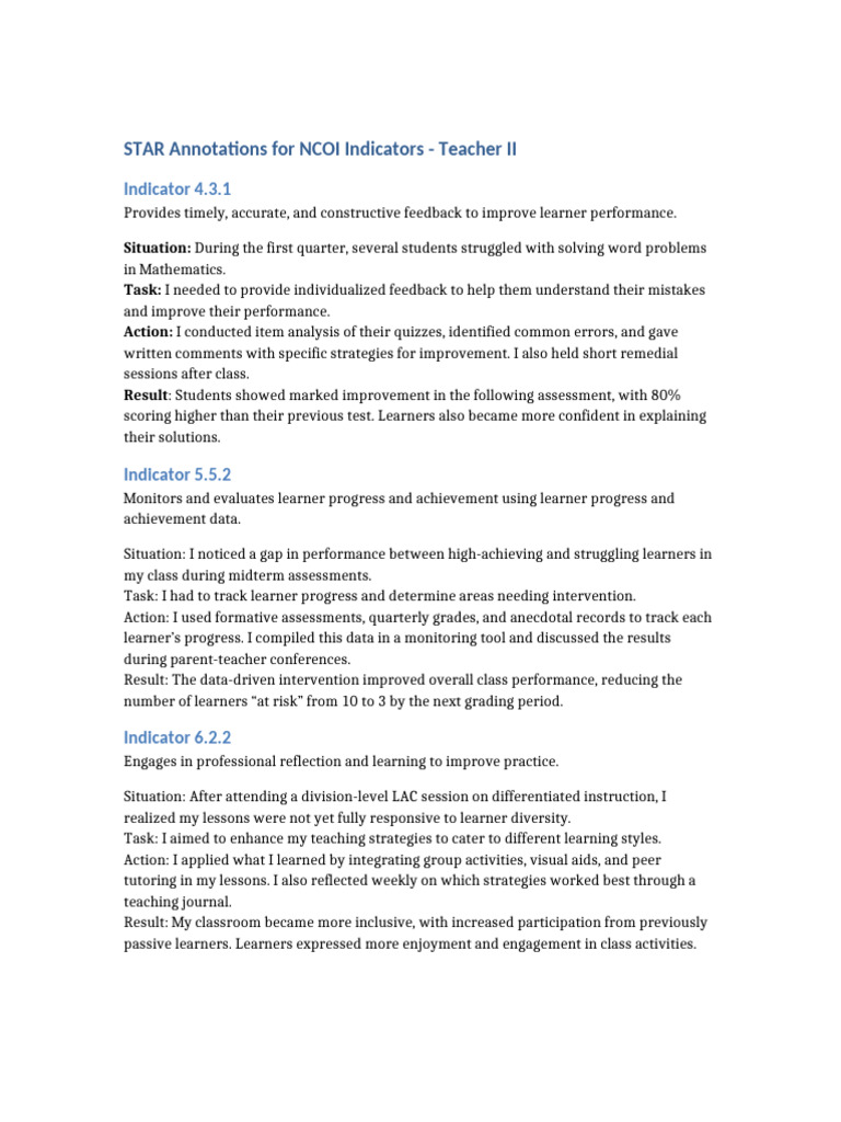 STAR Annotations for Teacher Performance | PDF | Learning | Communication
