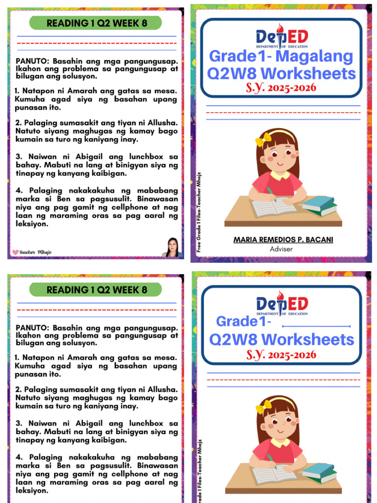 Grade 1 q2 Week 8 Worksheets Booklet - Free Grade 1 Files-Teacher Mhejz ...