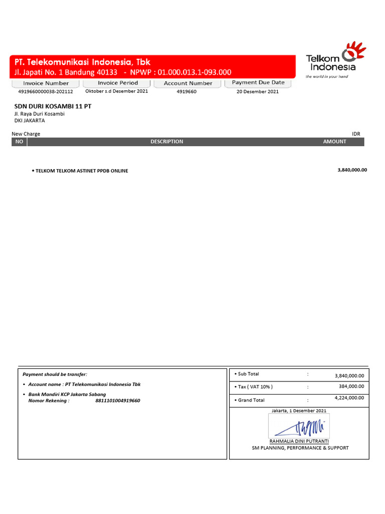 Telkom Invoice for SDN Duri Kosambi | PDF | Government Finances | Taxes
