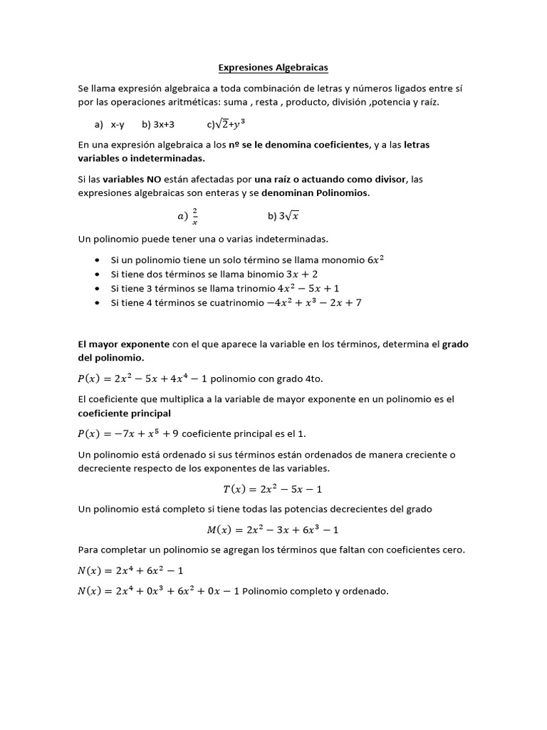 Polinomios y Expresiones Algebraicas | PDF