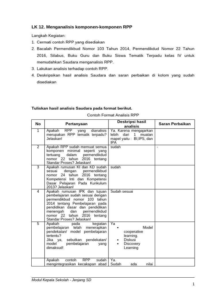 Analisis RPP Tematik Terpadu Kelas IV | PDF