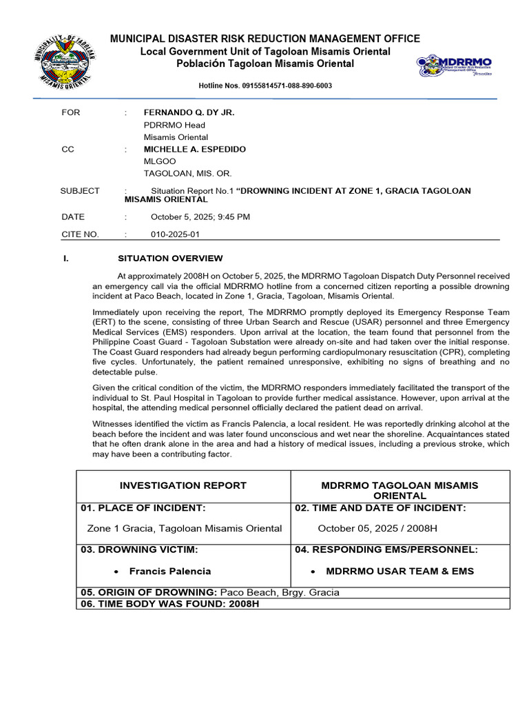 Drowning Incident Report - Tagoloan 2025 | PDF | Emergency Medical ...