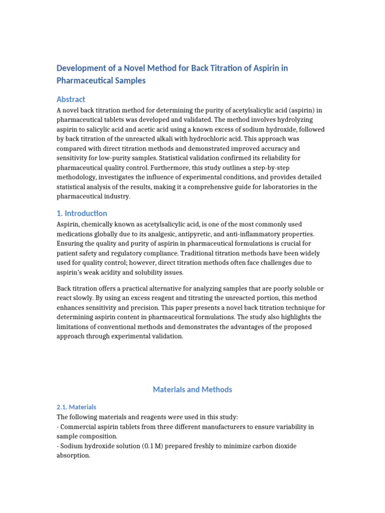 Novel Back Titration Method for Aspirin | PDF | Titration | Chemistry