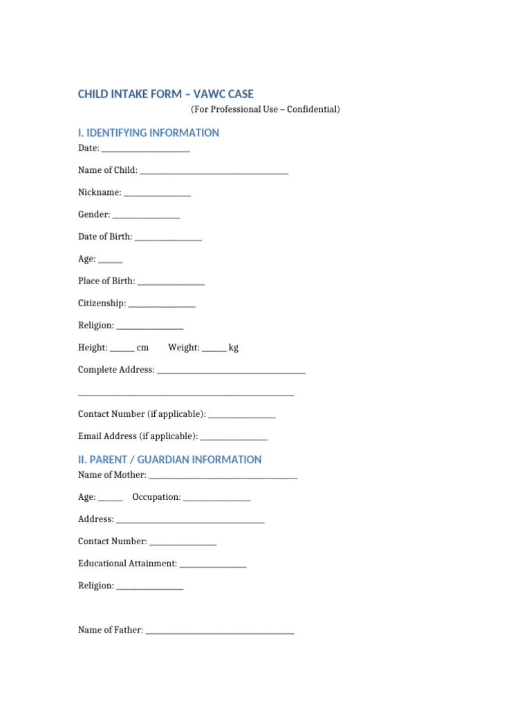 Child Intake Form for VAWC Cases | PDF