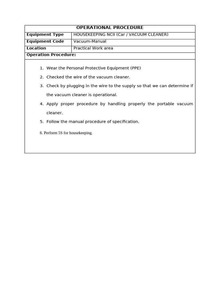 Housekeeping Vacuum Cleaner Procedure | PDF