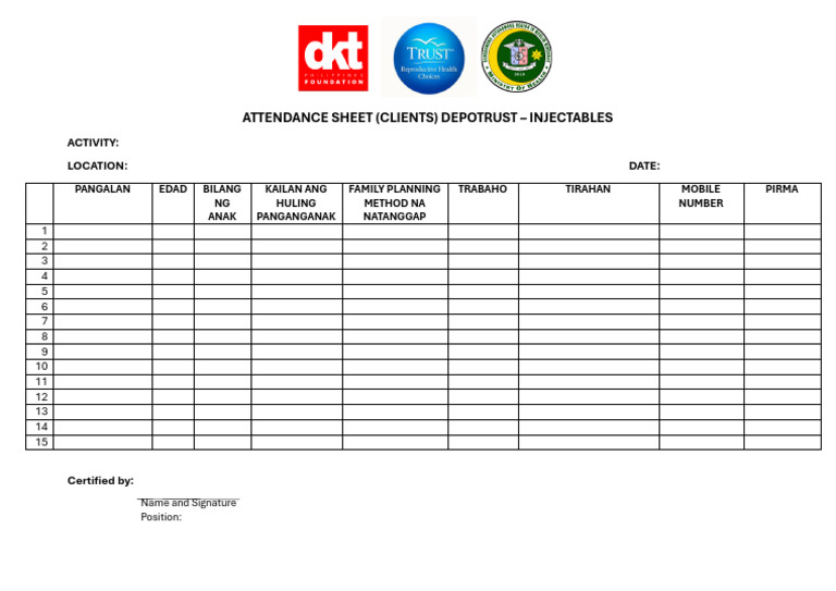 Client Attendance Sheet for Injectables | PDF