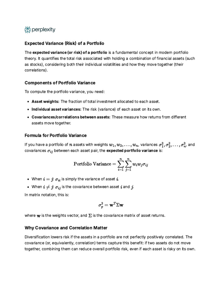 Portfolio Variance and Risk Explained | PDF