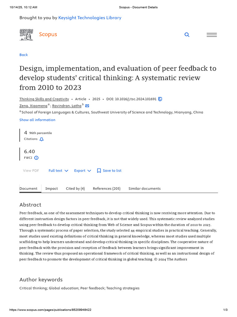 Peer Feedback for Critical Thinking Development | PDF | Critical ...