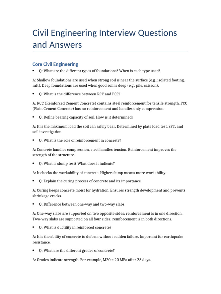 Civil Engineering Interview Q&A Guide | PDF | Concrete | Reinforced ...