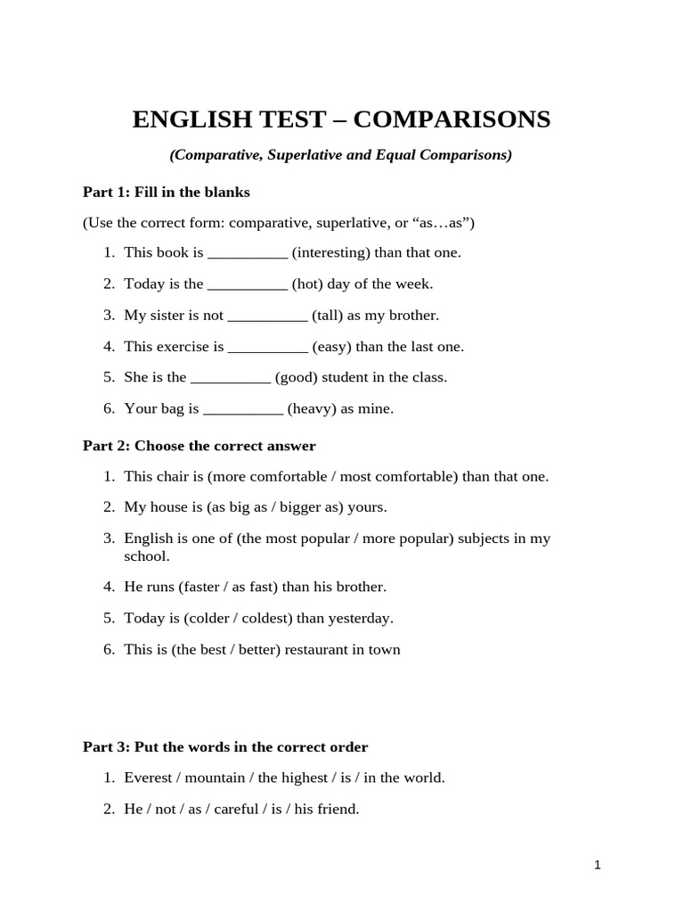 English Comparisons Test Guide | PDF