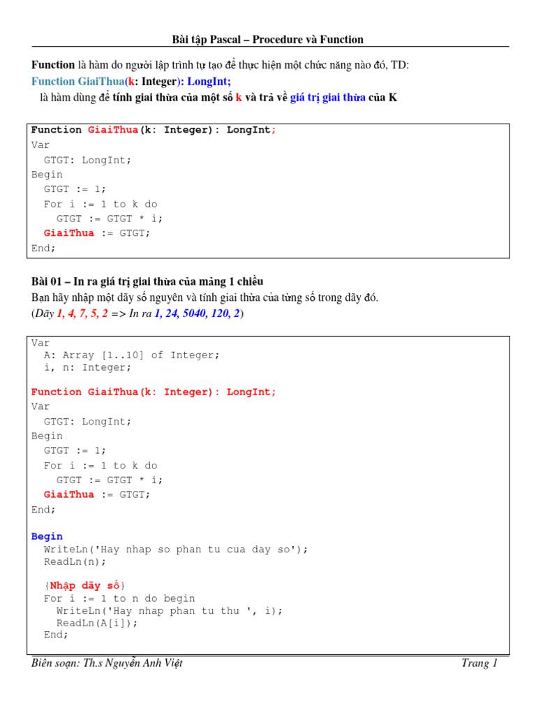 Bai Tap Pascal 2 - Procedure Va Function | PDF