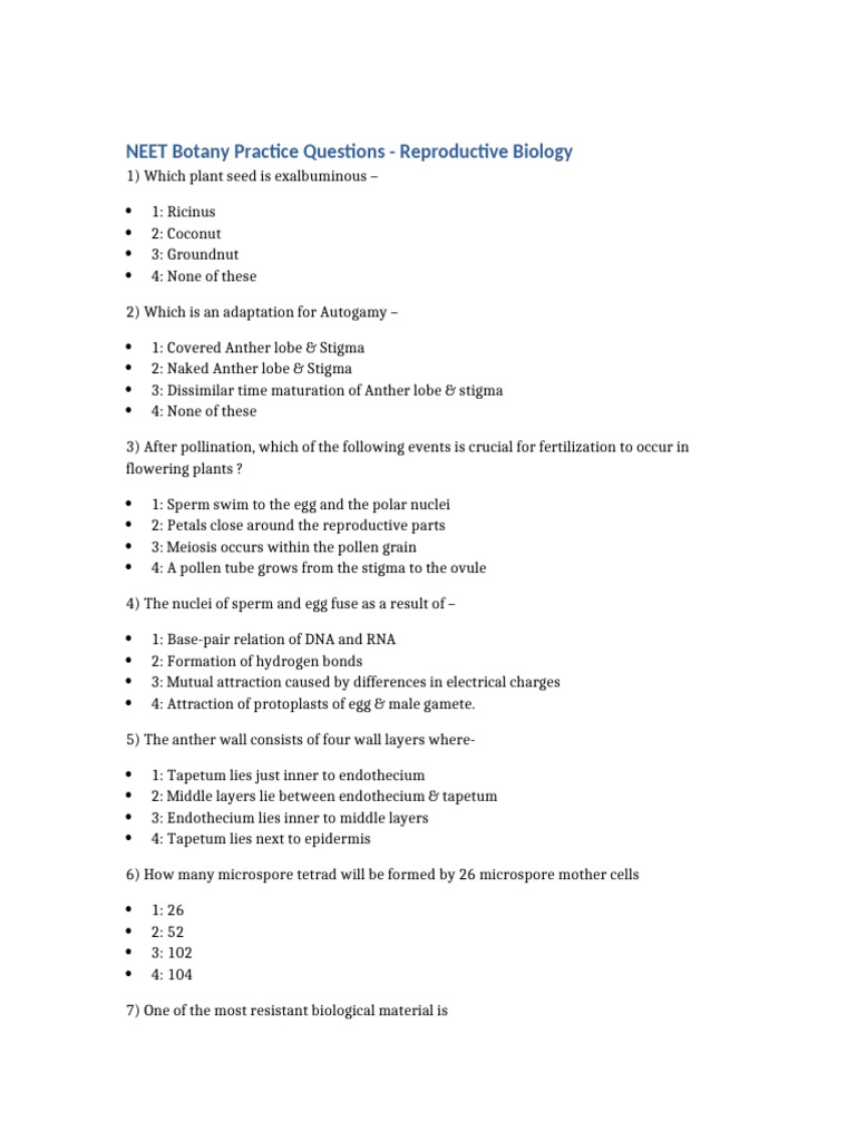 NEET Botany: Reproductive Biology Quiz | PDF | Flowers | Biology