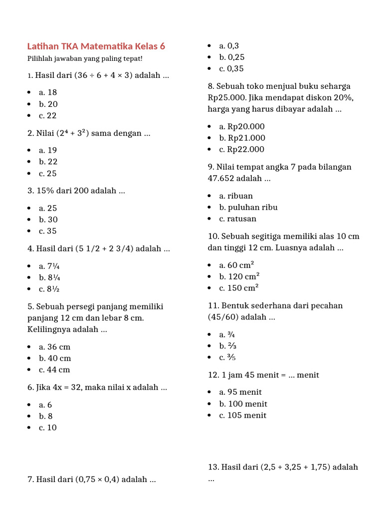 Latihan TKA Matematika Kelas 6 | PDF