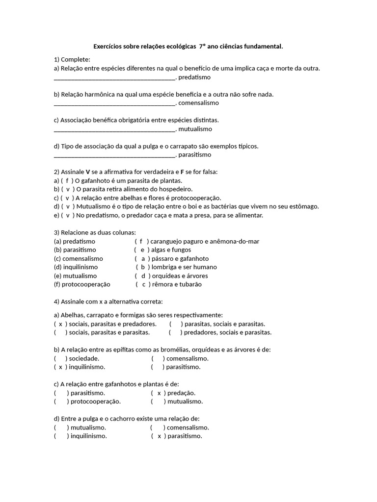 Exercícios sobre Relações Ecológicas 7º Ano | PDF | Parasitismo | Predação