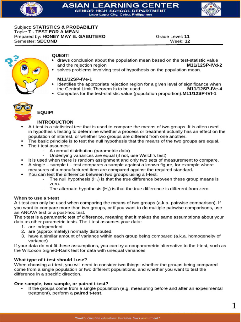 T-Test for Mean: Statistics Guide | PDF | Student's T Test ...