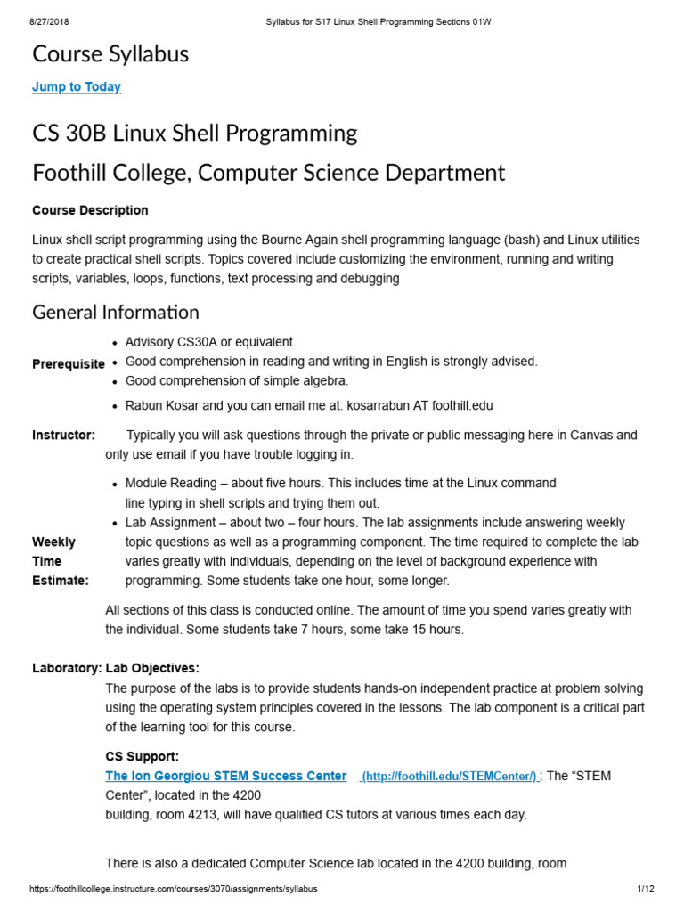 CS 30B Linux Shell Programming Syllabus | PDF | Linux | Linux Distribution