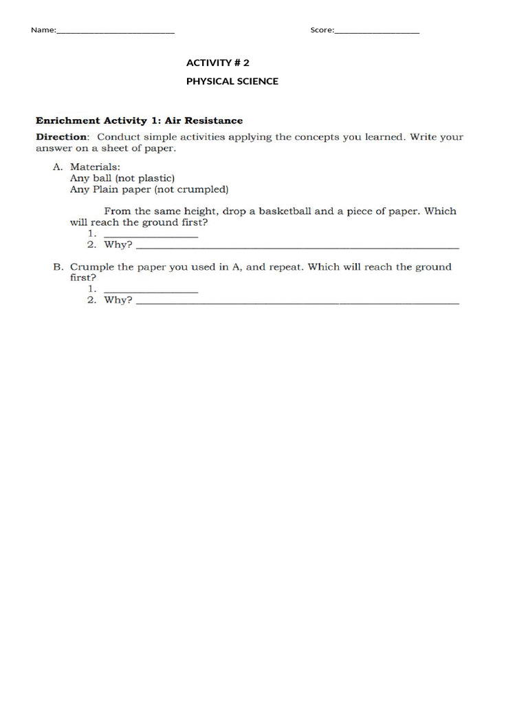 Act 2 in Physical Science q2 | PDF