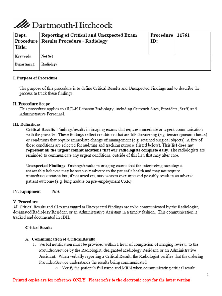 Critical Unexpected Findings PDF Radiology Communication