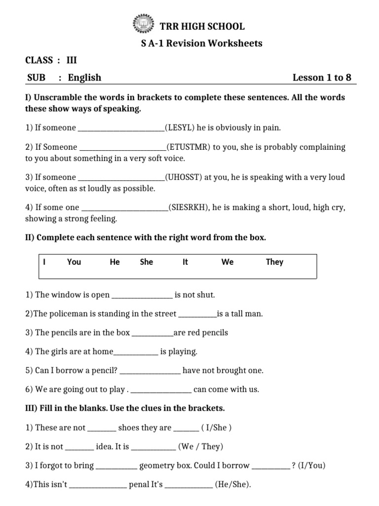 English Revision Worksheets for Class III | PDF