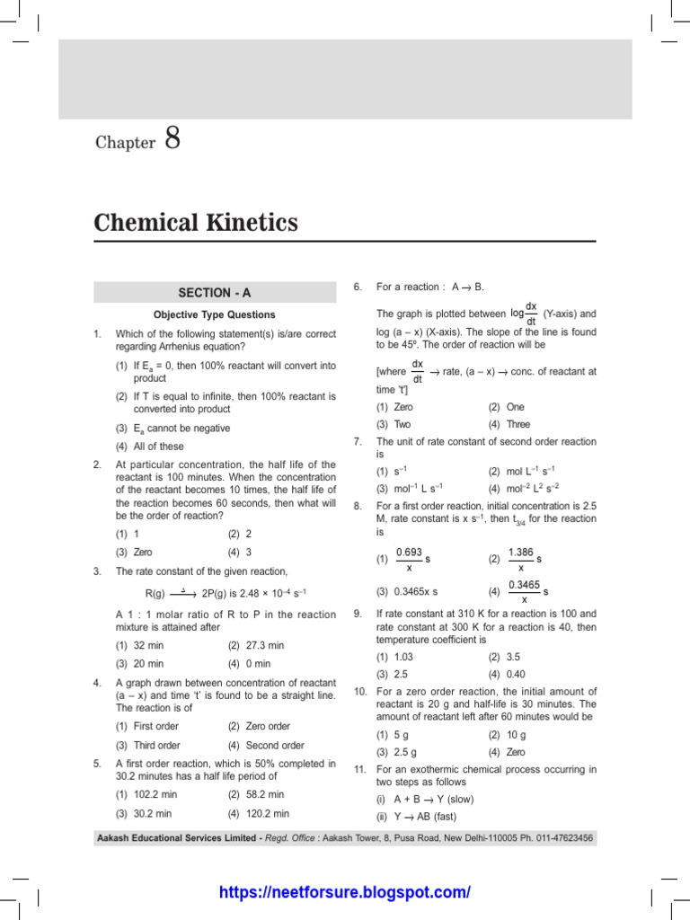 Chemical Kinetics Objective Questions | PDF | Reaction Rate | Chemical ...