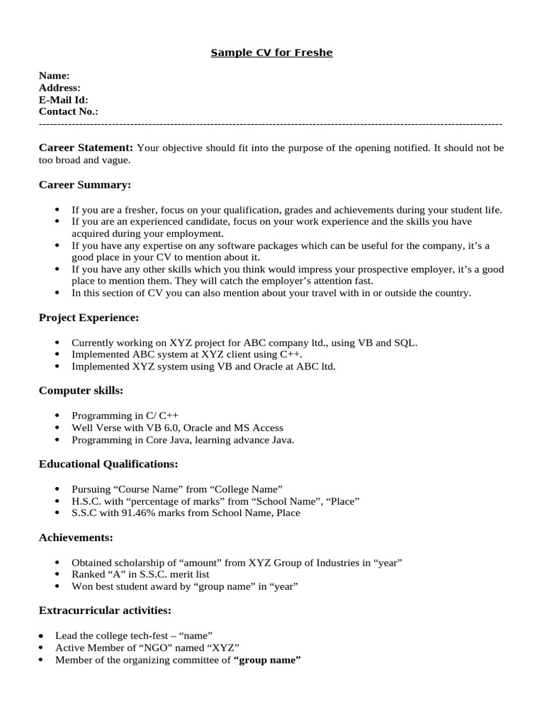 Sample CV Template for Freshers | PDF
