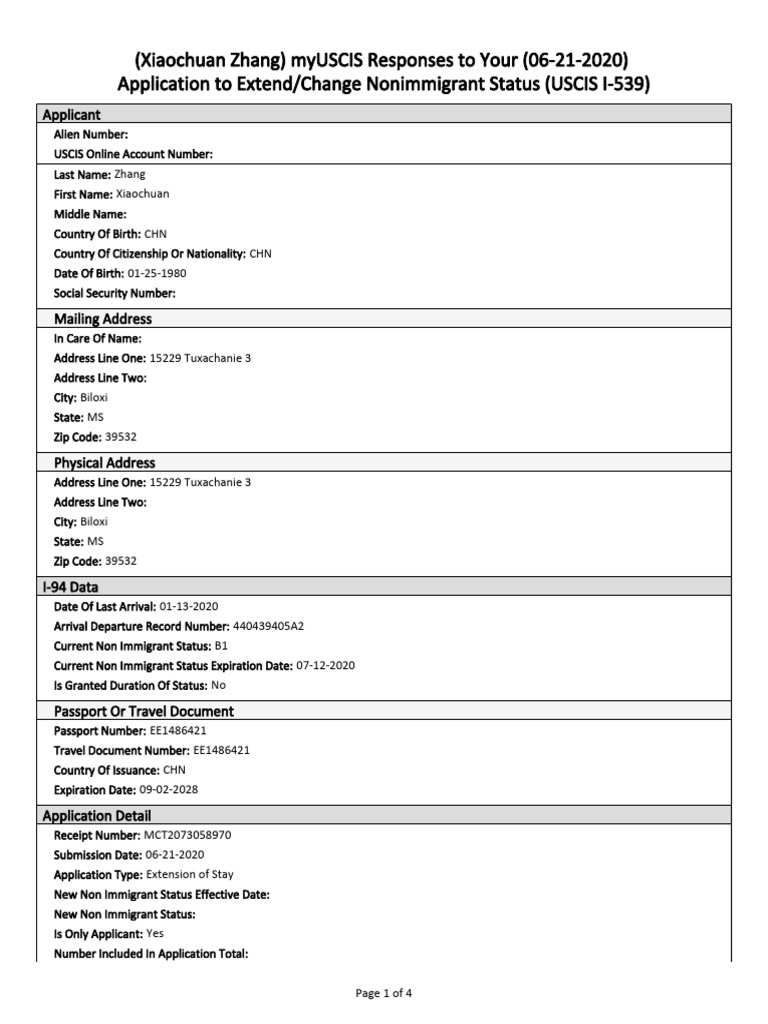 (Xiaochuan Zhang) Myuscis Responses To Your (06-21-2020) Application To ...