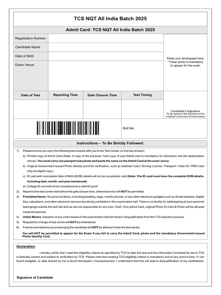TCS NQT 2025 Admit Card Instructions | PDF | Identity Document | Access ...