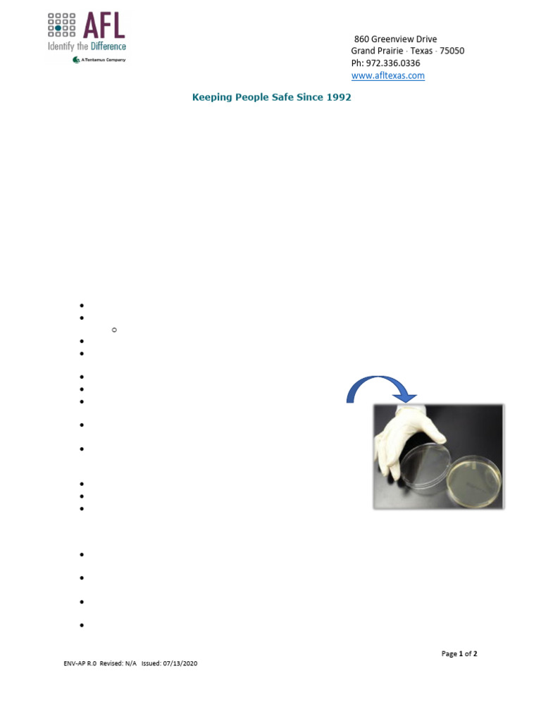 Air Sampling Procedure for Microbial Testing | PDF | Agar | Microorganism