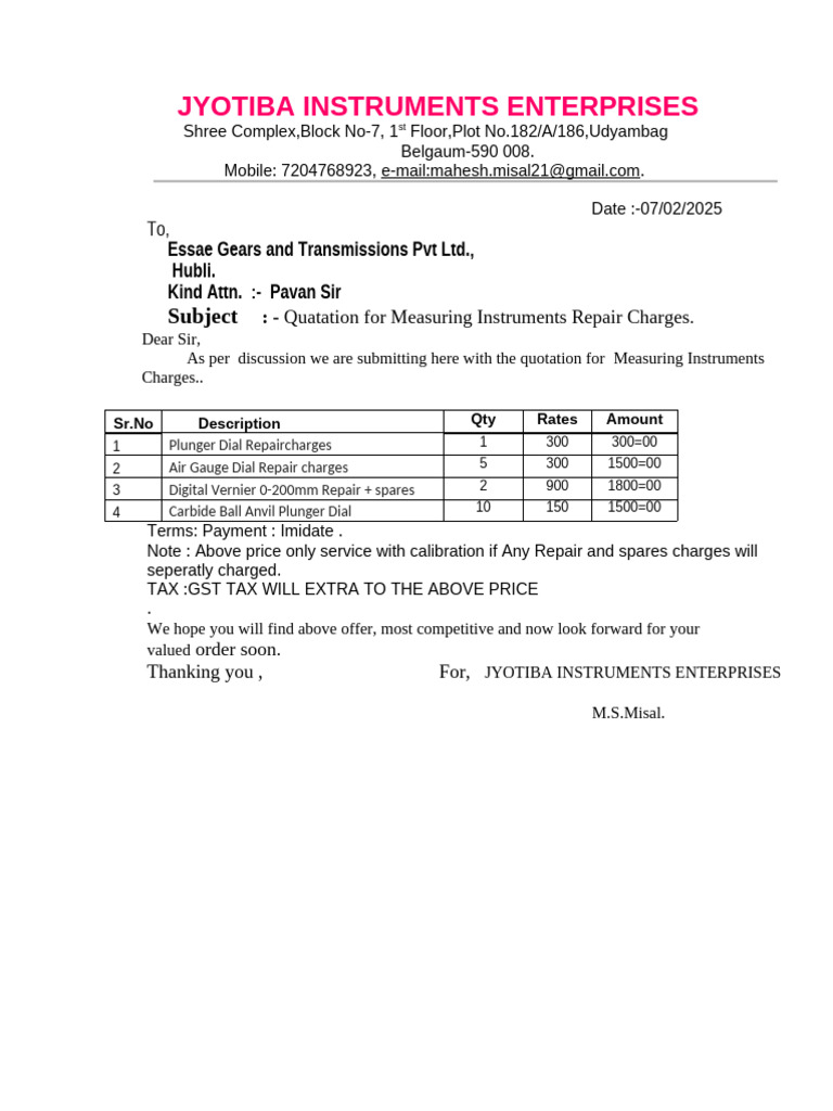 Quotation for Measuring Instruments Repair | PDF
