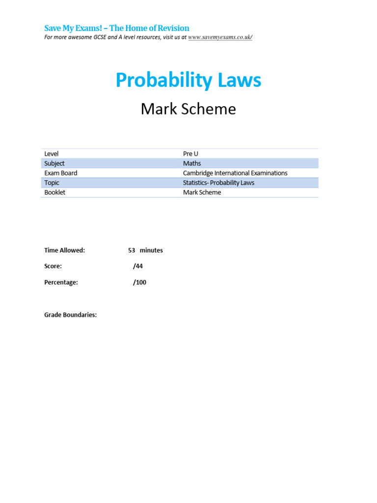 Probability Laws Mark Scheme Guide | PDF | Schools | Educational Stages