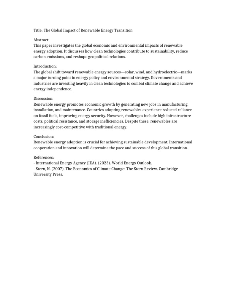 Global Impact of Renewable Energy Transition | PDF