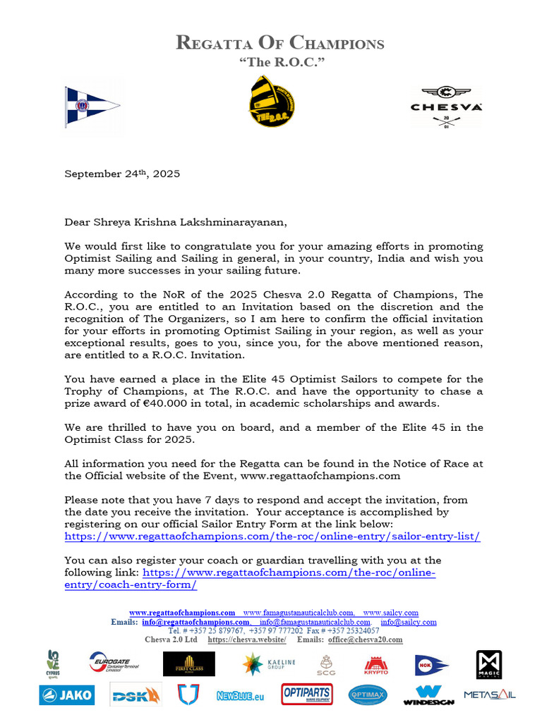 Official Invitation Letter To The ROC - SK IND G | PDF | Sailing (Sport ...