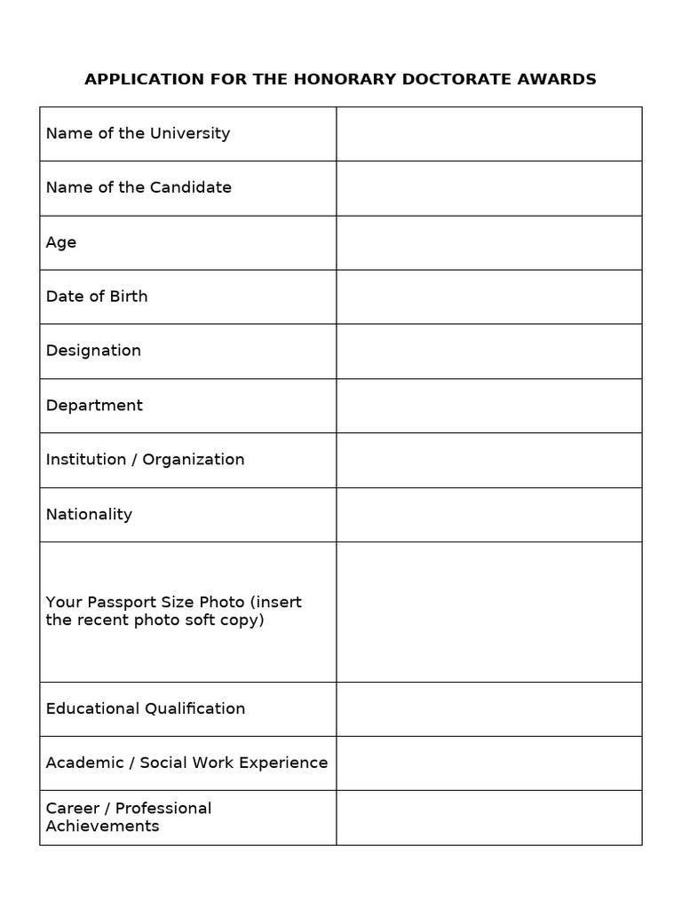 Honorary Doctorate Application Form | PDF | Academic Degree | Postgraduate Education