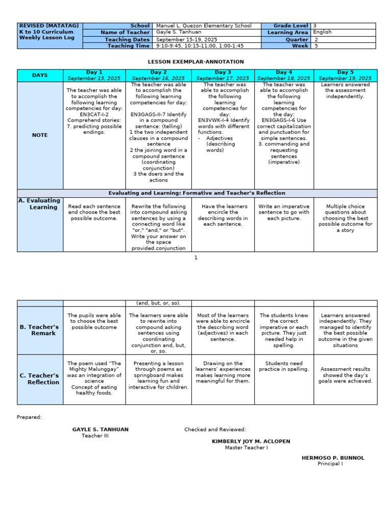 Grade 3 English Weekly Lesson Plan | PDF | Behavior Modification ...