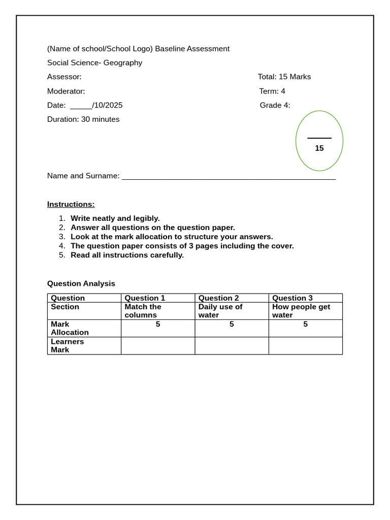 Grade 4 Geo Baseline Assessment - Term 4 | PDF | Water | Earth Sciences