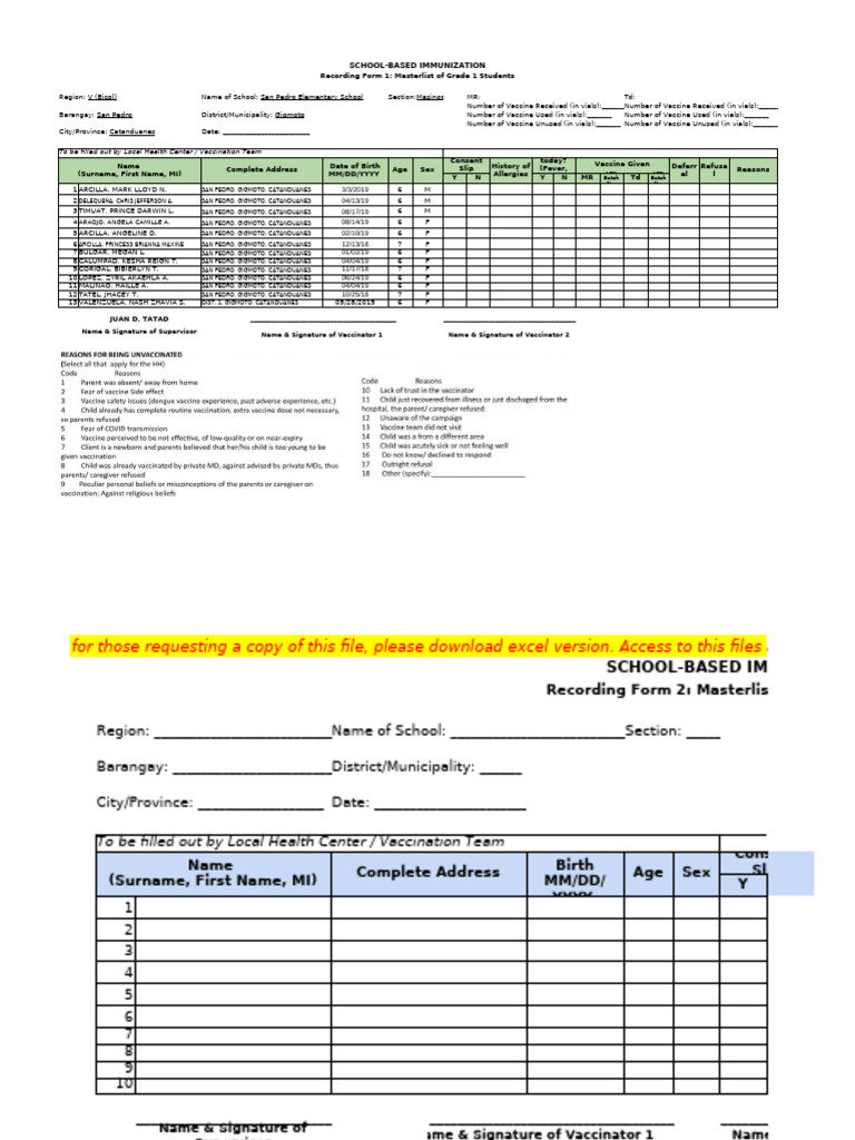 School-Based Immunization Recording Forms | PDF | Biotechnology ...