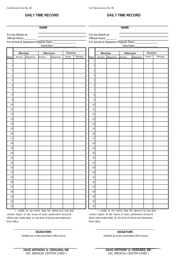 Daily Time Record Form No. 48 | PDF
