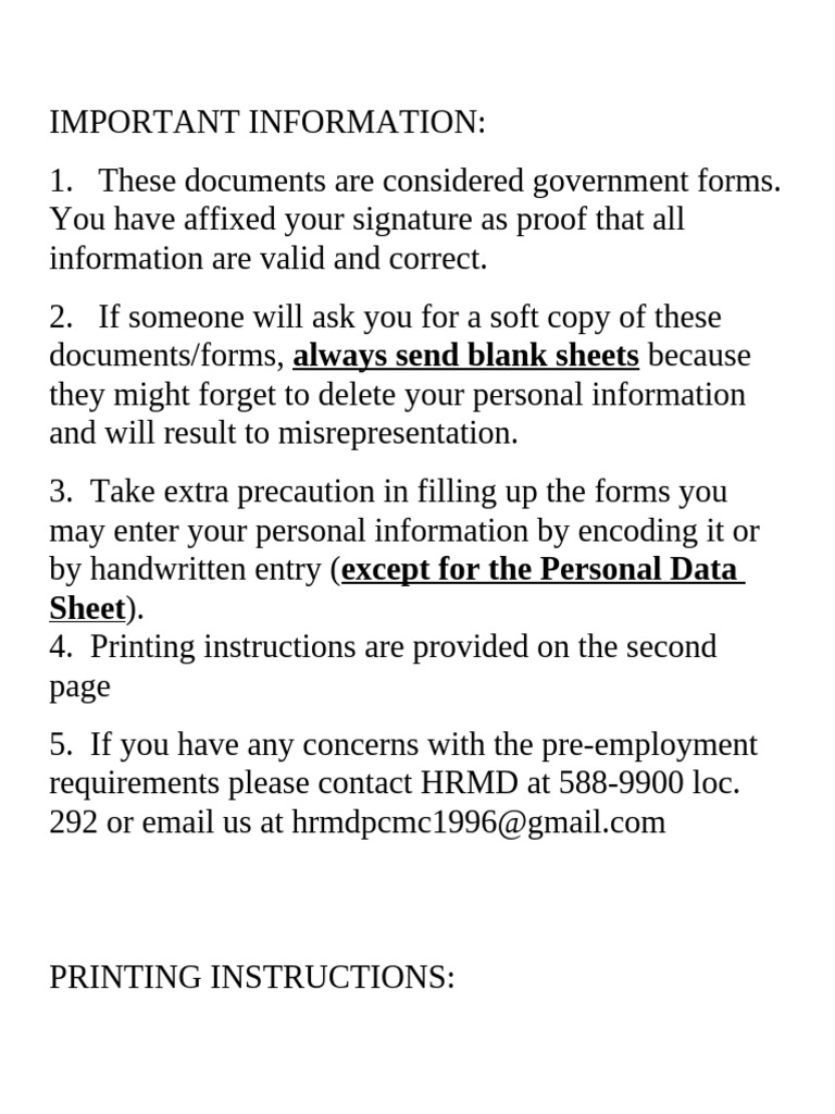 Pre-Employment Document Instructions | PDF