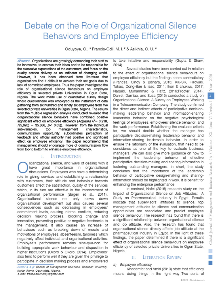 Impact of Organizational Silence on Efficiency | PDF | Business ...