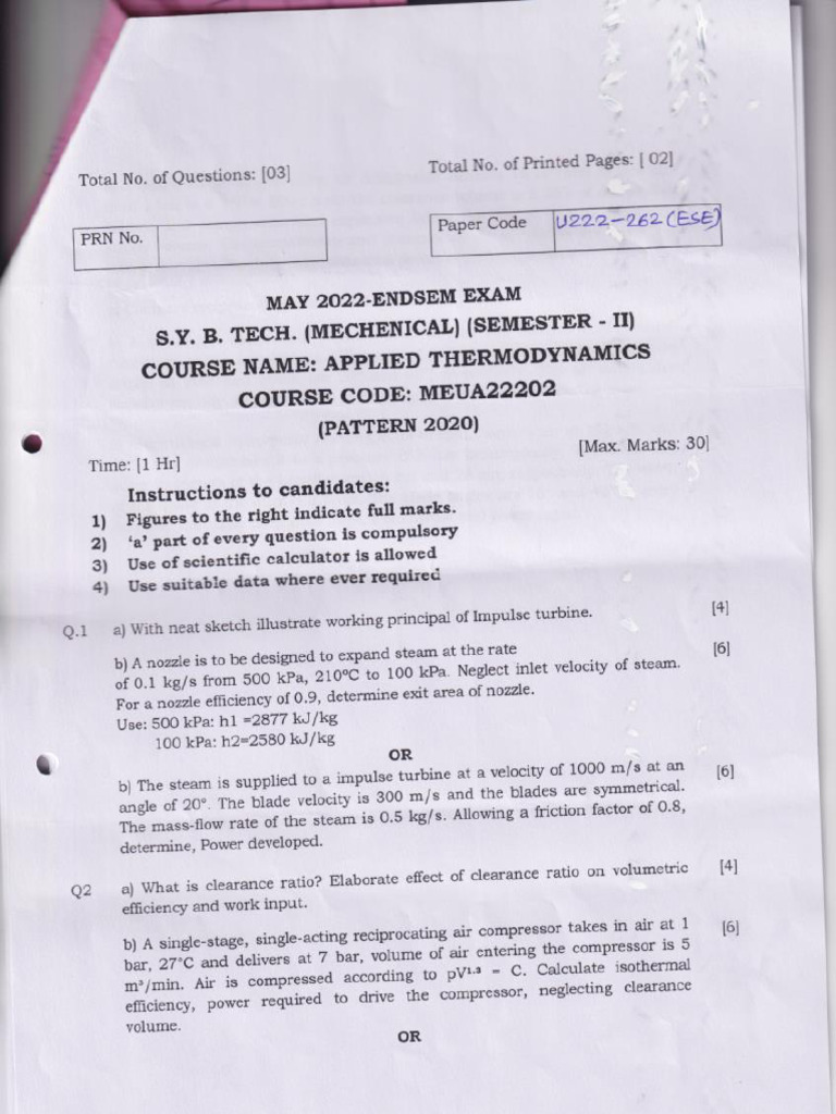 Applied Thermodynamics Sem II Endsem Pattern 2020 May 2022 | PDF