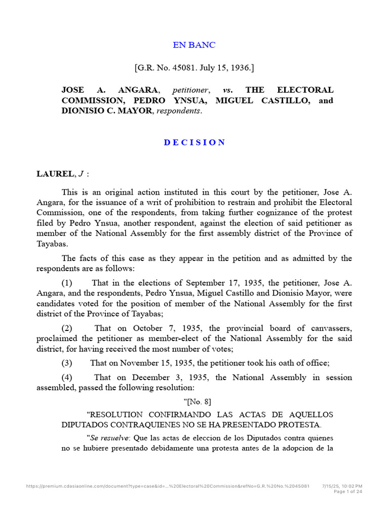 G.R. No. 45081 Angara v. Electoral Commission | PDF | Jurisdiction ...