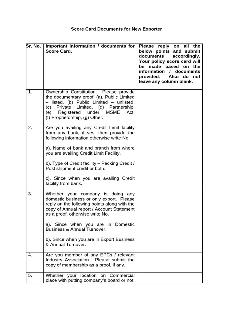 Exporter Score Card Document Checklist | PDF
