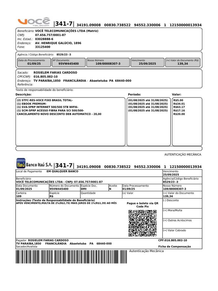 Boleto de Cobrança - Você Telecom 139,34 | PDF | Tecnologia financeira ...
