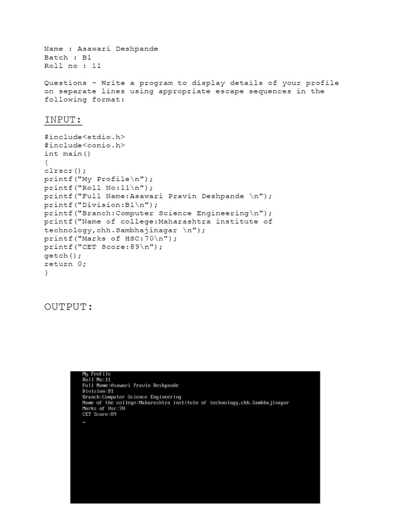 C Program for Student Profile Display | PDF