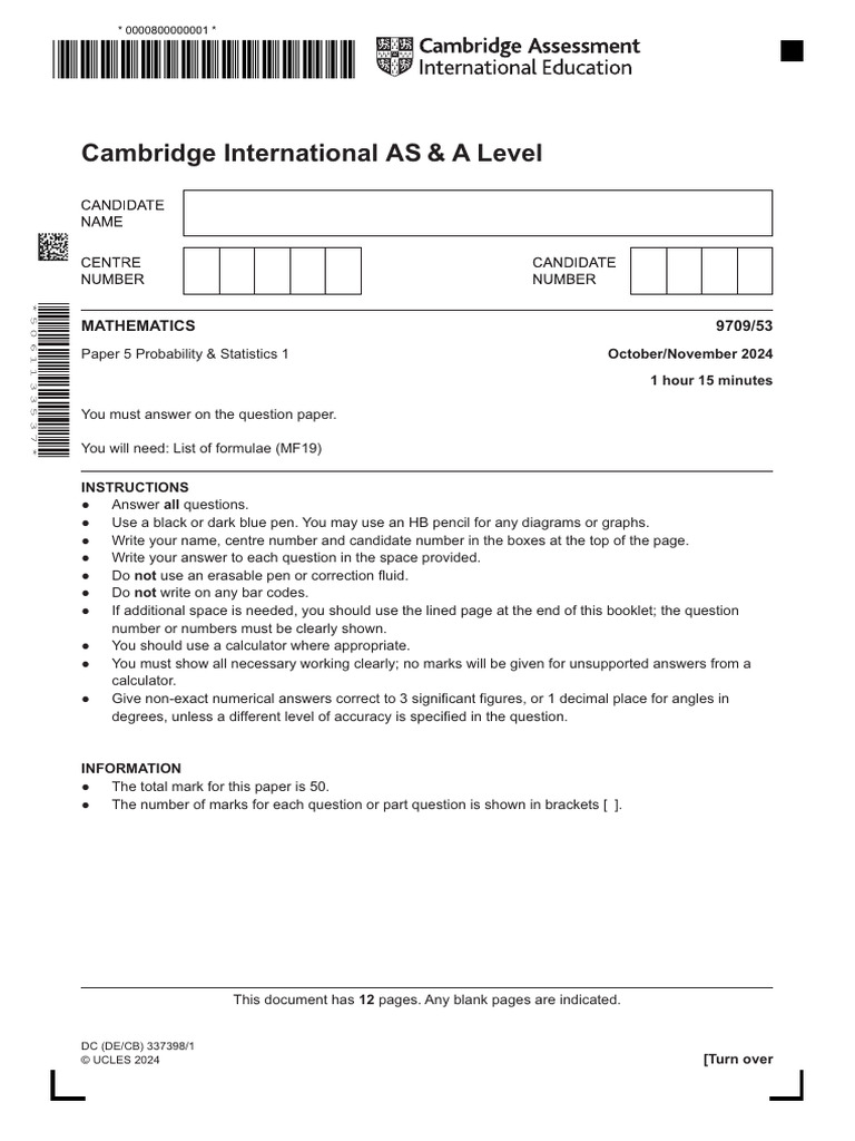 Cambridge AS & A Level Math Paper 5 | PDF | Statistical Theory ...