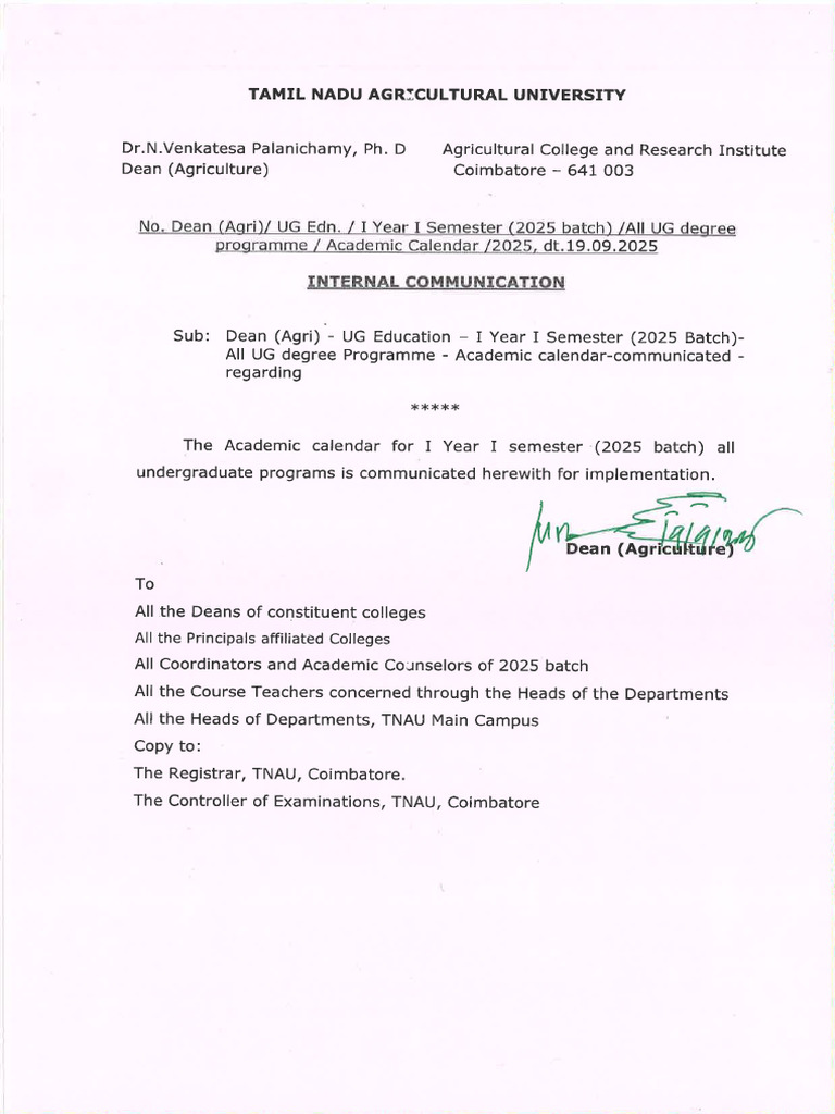 I Year I Semester 2025 Batch Academic Calendar | PDF
