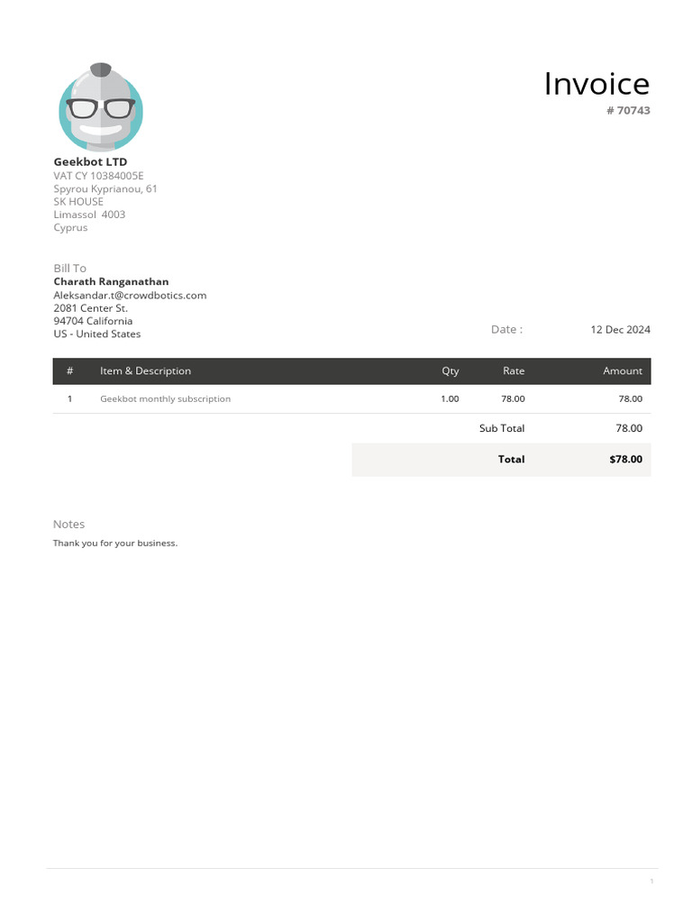 Geekbot Invoice 70743 | PDF