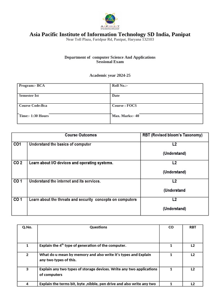 BCA Sessional Exam FOCS 2024-25 Guide | PDF