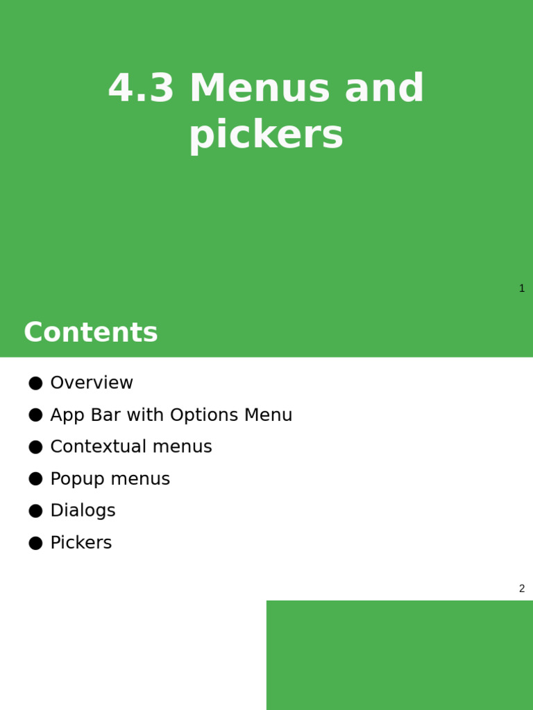 Android Menus and Pickers Overview | PDF | Menu (Computing) | Software ...